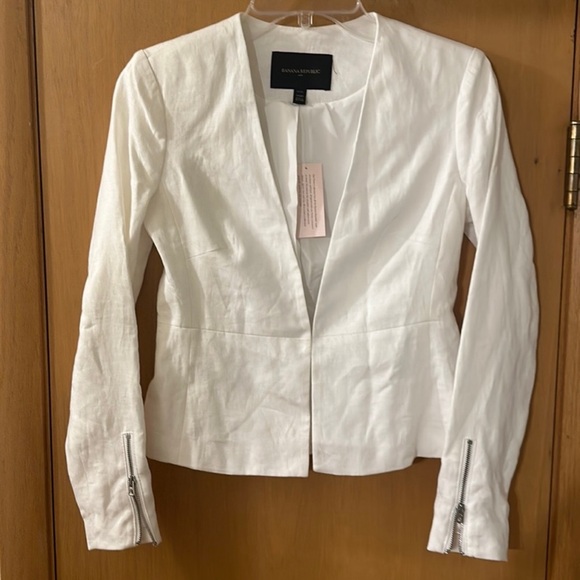 NWT: Banana Republic White Linen Zipper Sleeves Blazer •2P - Picture 4 of 15